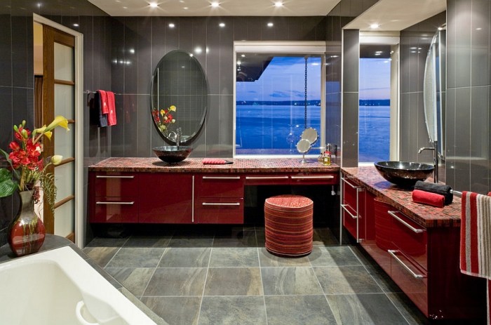 Grey and red bathroom decor